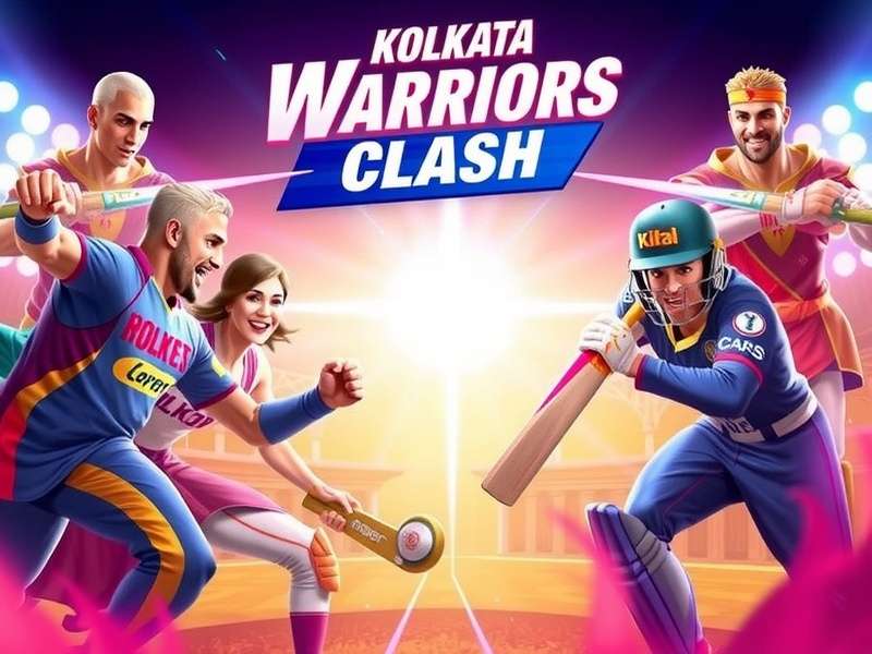 Kolkata Warriors Mighty Clash Game Cover Art - Kolkata Skyline with Howrah Bridge and Battle Arena Elements